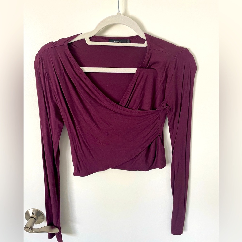 Talula Cross front detail cropped Maroon Long Sleeve Top